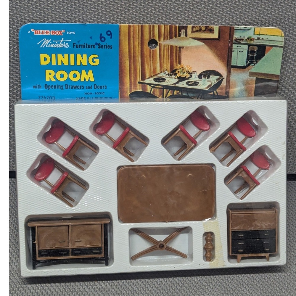 VTG 1960s Blue Box Toys Miniature Doll House Furniture Dining Room Set 77670B